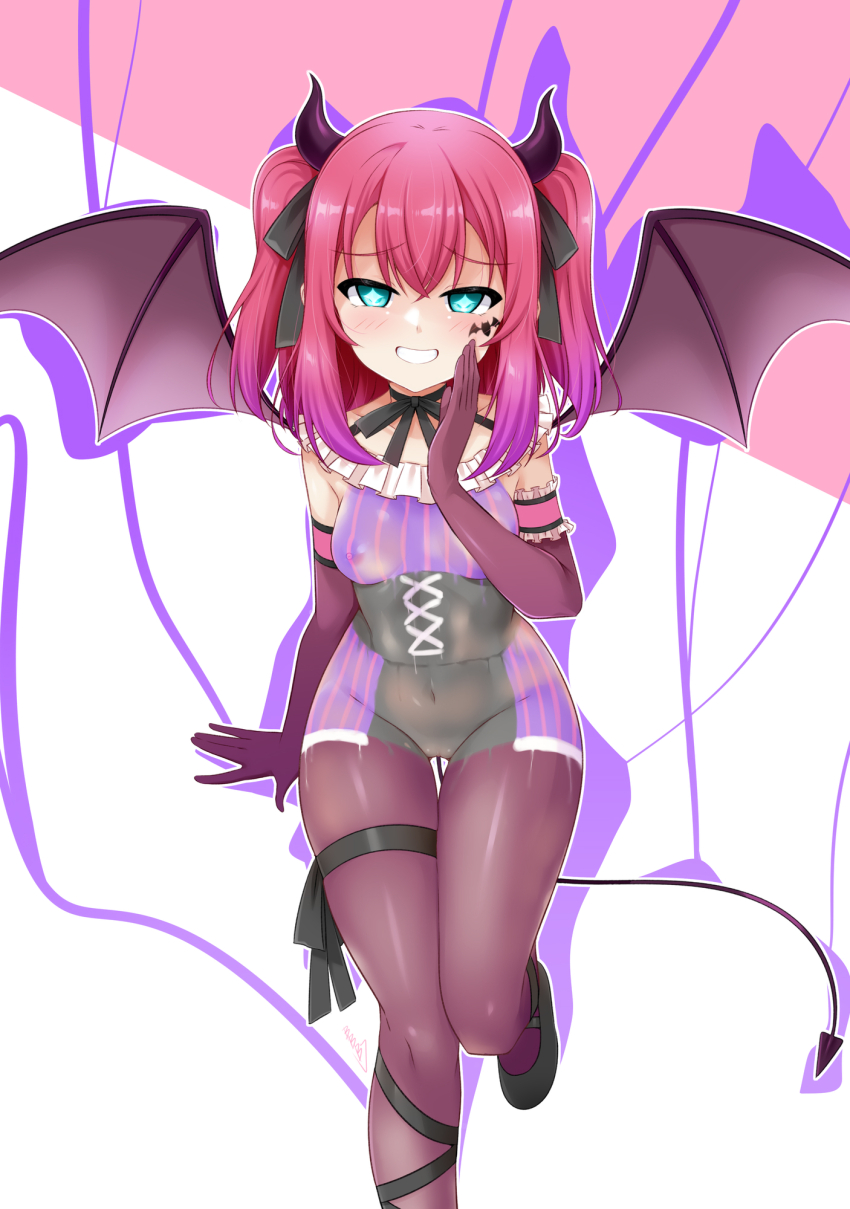 1girl aqua_eyes artist_name aura black_choker blush bodypaint breasts bunji choker commentary_request dark_aura demon_horns demon_tail demon_wings detached_collar diamond-shaped_pupils diamond_(shape) elbow_gloves facial_tattoo genjitsu_no_yohane genjitsu_no_yohane_-numazu_in_the_mirage- gloves grin highres horns kurosawa_ruby love_live! love_live!_sunshine!! medium_hair multicolored_background navel nightwicked_(genjitsu_no_yohane) nightwicked_ruby nipples nude painted_clothes pussy red_background red_hair ruby_(genjitsu_no_yohane) shoes signature small_breasts smile smug solo symbol-shaped_pupils tail tattoo thigh_strap twintails white_background wings