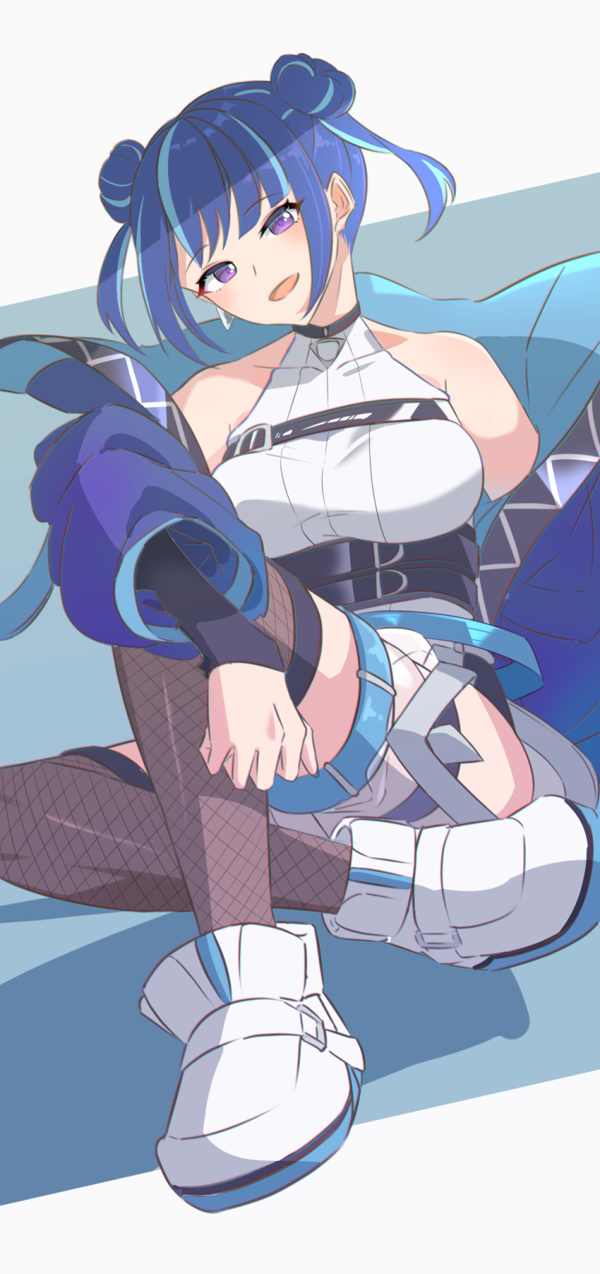 1girl bare_shoulders blue_hair blue_jacket boots breasts collarbone double_bun duel_monster earrings evil_twin_lil-la fishnet_thighhighs fishnets hair_bun heichi highres jacket jewelry large_breasts leotard lil-la_(yu-gi-oh!) long_sleeves purple_eyes simple_background sitting smile solo thighhighs white_background white_boots white_leotard yu-gi-oh!
