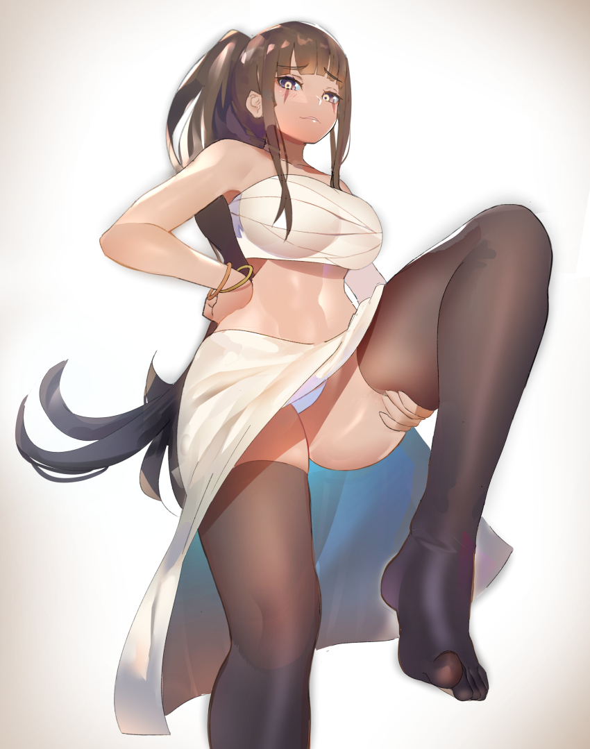 1girl absurdres black_thighhighs bracelet breasts chest_sarashi commentary commission english_commentary facial_mark hand_on_own_hip highres huge_breasts jewelry long_hair lumpychan multicolored_eyes original panties pantyshot ponytail purple_eyes sarashi skindentation skirt smile solo standing standing_on_one_leg thighhighs two-tone_eyes underwear very_long_hair white_panties yellow_pupils yellow_skirt