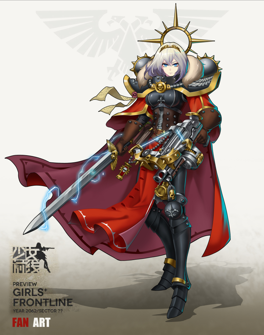 .75_calibre_bolt 1girl absurdres adepta_sororitas anti-materiel_cartridge armor backpack bag blue_eyes bolt_(warhammer_40k) bolter bow_(weapon) cape commentary_request crossbow drum_magazine female_focus fleur-de-lis full_body girls&#039;_frontline gun hairband high-explosive_cartridge highres looking_at_viewer magazine_(weapon) moonface pauldrons power_armor purity_seal rocket-assisted_projectile serious shoulder_armor skull solo sword warhammer_40k weapon white_hair window_magazine