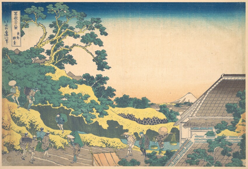 19th_century 6+boys absurdres backpack bag carrying fine_art_parody gradient_sky hand_fan hat highres hokusai japan japanese_clothes japanese_text kimono landscape mount_fuji mountain multiple_boys nihonga original outdoors parody rooftop scenery sky straw_hat tent thirty-six_views_of_mount_fuji tile_roof tiles tree ukiyo-e walking