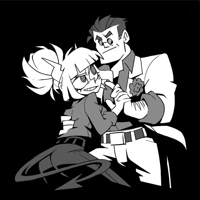 1boy 1girl belt breasts demon_girl demon_horns demon_tail flower greyscale helltaker helltaker_(character) horns lucifer_(helltaker) mole mole_under_eye monochrome shirt short_hair sunglasses tail vanripper