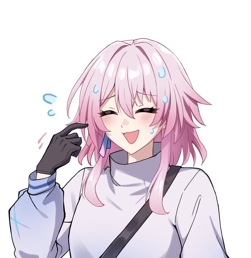 1girl absurdres adapted_costume asiri_senpai black_gloves blush borrowed_design closed_eyes commission earrings gloves grey_shirt hand_up highres honkai:_star_rail honkai_(series) index_finger_raised jewelry long_sleeves march_7th_(honkai:_star_rail) medium_hair pink_hair shirt simple_background single_earring solo sweatdrop white_background