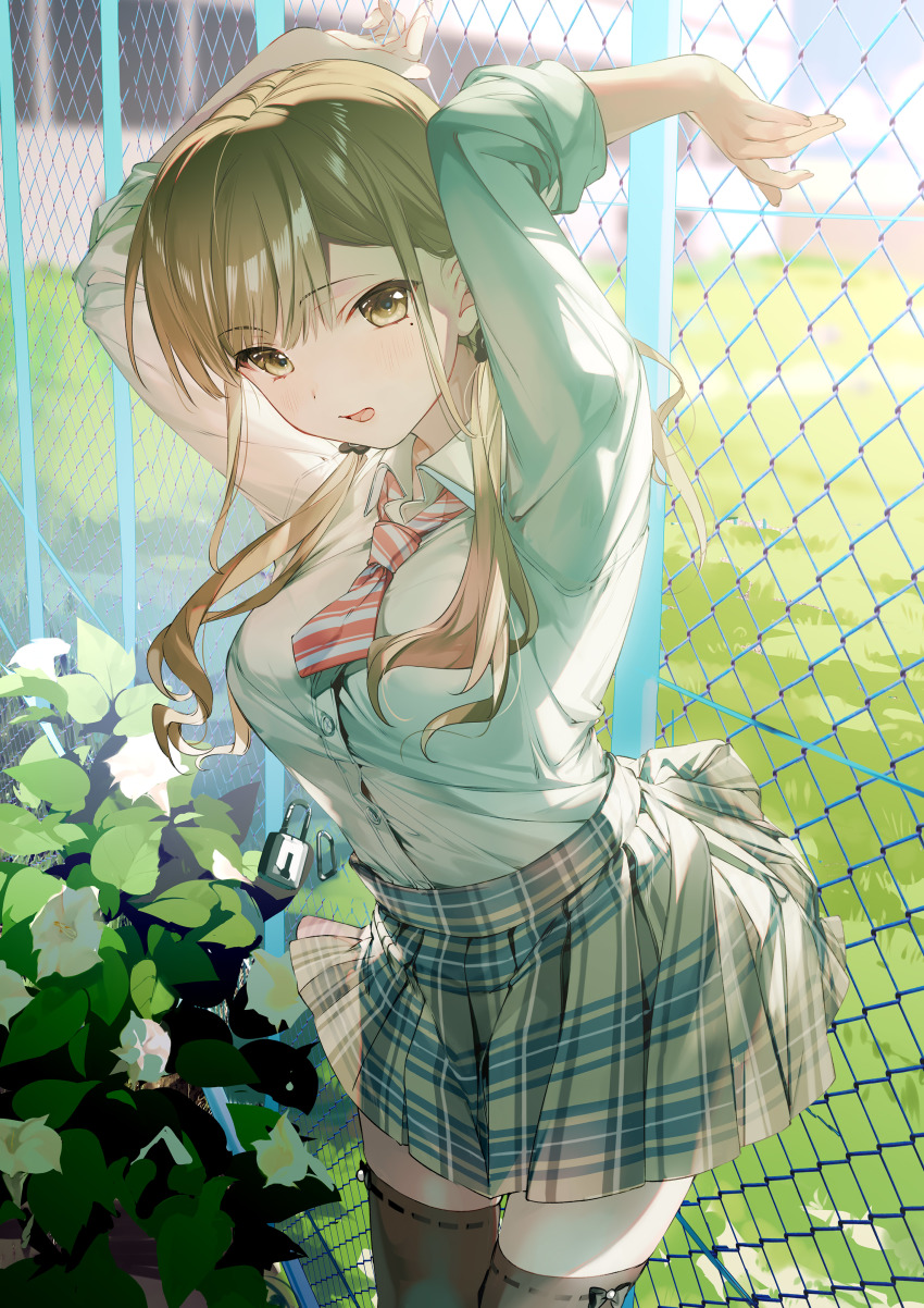 1girl absurdres almic barbed_wire blush bow bowtie breasts brown_eyes brown_hair brown_socks collared_shirt flower grass hair_ornament highres jinguuji_rumi koi_wa_futago_de_warikirenai large_breasts lock long_hair long_sleeves looking_at_viewer mole mole_under_eye multicolored_necktie necktie official_art open_mouth orange_bow orange_bowtie outdoors plaid_clothes plaid_skirt pleated_skirt school_uniform shirt sidelocks skirt sleeves_rolled_up smile socks solo standing sunlight thighhighs tree twintails two-tone_bow two-tone_bowtie two-tone_necktie white_bow white_bowtie white_shirt