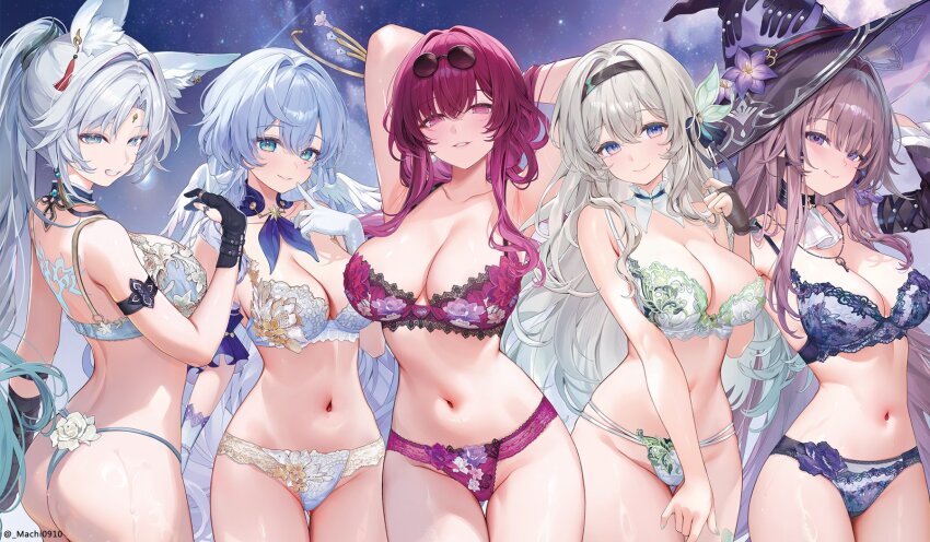 5girls alternate_breast_size animal_ear_fluff animal_ears aqua_eyes arm_strap armpits arms_behind_head arms_up ascot ass back_tattoo bare_shoulders black_bridal_gauntlets black_gloves black_hairband black_ribbon black_sleeves blue_bra blue_eyes blue_hair blue_panties blush bra breasts bridal_gauntlets brown_hair closed_mouth collar collarbone commentary_request cowboy_shot earrings eyewear_on_head feixiao_(honkai:_star_rail) firefly_(honkai:_star_rail) flower forehead_jewel fox_ears fox_girl frilled_collar frills glasses gloves gradient_hair green_hair green_nails grin hair_between_eyes hair_intakes hair_ribbon hairband halo hand_up hat hat_flower head_wings herta_(honkai:_star_rail) highres honkai:_star_rail honkai_(series) jewel_under_eye jewelry kafka_(honkai:_star_rail) key key_necklace large_breasts lingerie long_hair looking_at_viewer machi_(machi0910) merchandise_available multicolored_eyes multicolored_hair multiple_girls nail_polish navel necklace panties parted_lips pince-nez pink_eyes ponytail purple_bra purple_collar purple_eyes purple_flower purple_hair purple_panties purple_ribbon ribbon robin_(honkai:_star_rail) round_eyewear sidelocks single_bridal_gauntlet smile stomach sunglasses sweat tattoo the_herta_(honkai:_star_rail) thigh_gap two-tone_eyes two-tone_hair underwear underwear_only very_long_hair white_ascot white_bra white_collar white_gloves white_hair white_panties wings witch_hat