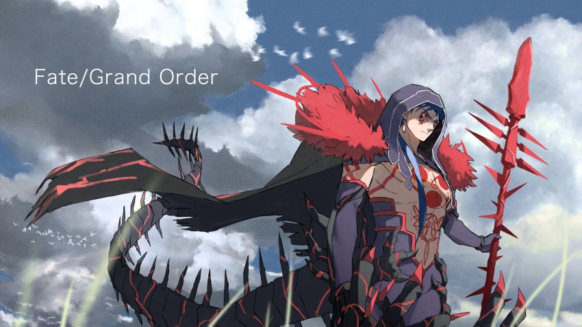 1boy bare_pectorals bird black_cape blue_bodysuit blue_gloves blue_hair bodysuit cape chest_tattoo cloud copyright_name cowboy_shot cu_chulainn_(fate) cu_chulainn_(fate/stay_night) cu_chulainn_alter_(fate) cu_chulainn_alter_(fate/grand_order) cu_chulainn_alter_(third_ascension)_(fate) earrings elbow_gloves facial_mark fate/grand_order fate_(series) furrowed_brow gae_bolg_(fate) gloves hair_over_shoulder highres hirunagi holding holding_polearm holding_weapon hood jewelry long_hair looking_away male_focus monster_boy pectorals polearm red_eyes serious sky solo spear spikes tail tattoo weapon
