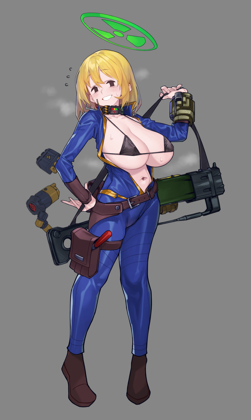 1girl absurdres belt bikini black_bikini black_eyes blonde_hair bodysuit breasts cleavage commentary energy_gun english_commentary fallout fallout_4 flying_sweatdrops full_body grey_background grin gun halo highres large_breasts laser_rifle looking_at_viewer medium_hair navel simple_background smile solo sweat swimsuit vault_girl vault_suit waa153 weapon wrist_computer
