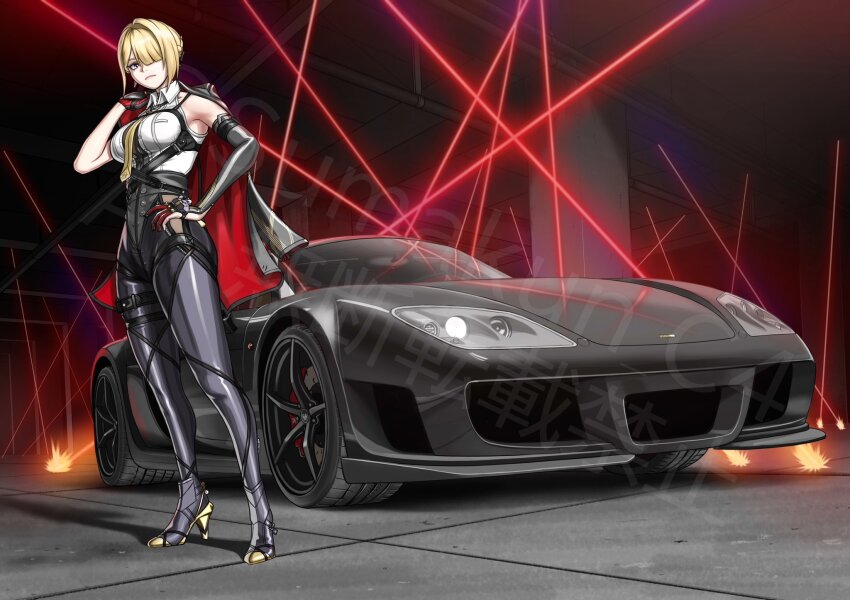 1girl artist_name asymmetrical_gloves black_bow black_car black_high_heels black_jacket black_pants bow breasts car collared_shirt elbow_gloves evelyn_chevalier frown gloves hair_over_one_eye high-waist_pants high_heels highres holding holding_jacket holding_unworn_clothes indoors jacket laser medium_breasts mismatched_gloves mole mole_under_eye motor_vehicle necktie noble_(company) noble_m600 one_eye_covered pants partially_fingerless_gloves pink_lips purple_eyes shadow shirt single_elbow_glove solo sports_car sumakun unworn_jacket vehicle_focus watermark white_shirt yellow_necktie zenless_zone_zero