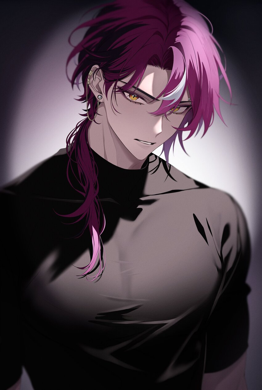 1boy absurdres black_shirt commentary curtained_hair doppio_dropscythe ear_chain earrings english_commentary eyebrow_piercing highres jewelry long_hair looking_at_viewer lower_eyelashes_only male_focus multicolored_hair nijisanji nijisanji_en owo_renren parted_lips piercing ponytail purple_shirt shirt short_sleeves single_hair_streak slit_pupils solo streaked_hair stud_earrings upper_body virtual_youtuber white_hair yellow_eyes