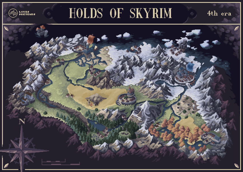 absurdres banner battle_standard border castle commentary compass_rose english_commentary english_text glacier highres island lake louispretends map_(medium) mountain pixel_art river the_elder_scrolls the_elder_scrolls_v:_skyrim town tree war_banner