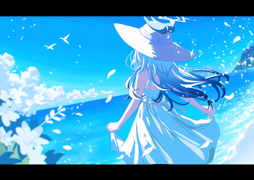 1girl absurdres alternate_costume alternate_hairstyle black_hair blue_archive demon_girl demon_horns dress from_behind hat highres horns kayoko_(blue_archive) megumi_kei multicolored_hair ocean scenery solo sun_hat two-tone_hair white_dress white_hair white_hat