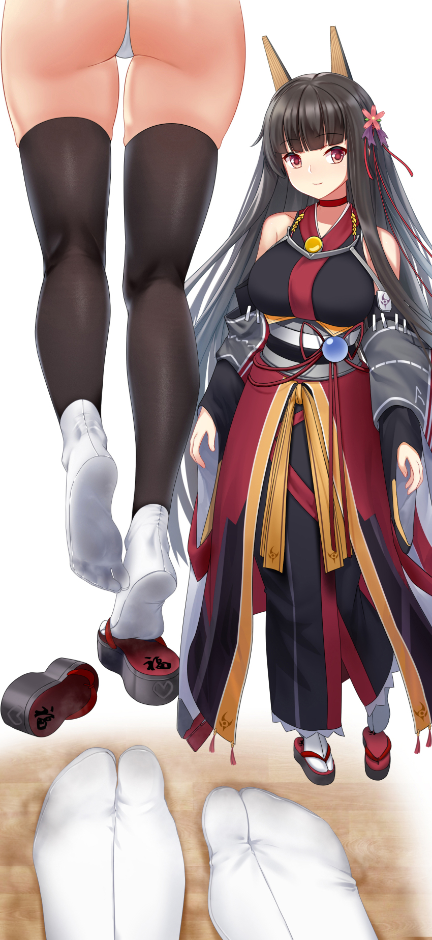 1girl absurdres akagi_(warship_girls_r) ass bare_shoulders black_hair black_kimono blunt_bangs breasts cang_se_ye_hua choker clogs closed_mouth detached_sleeves feet flower hair_flower hair_ornament highres japanese_clothes kimono large_breasts legs long_hair looking_at_viewer multiple_views no_shoes obi okobo panties platform_sandals red_choker red_eyes sandals sash shoes smile soles standing tabi thighhighs underwear very_long_hair warship_girls_r white_background white_panties zouri