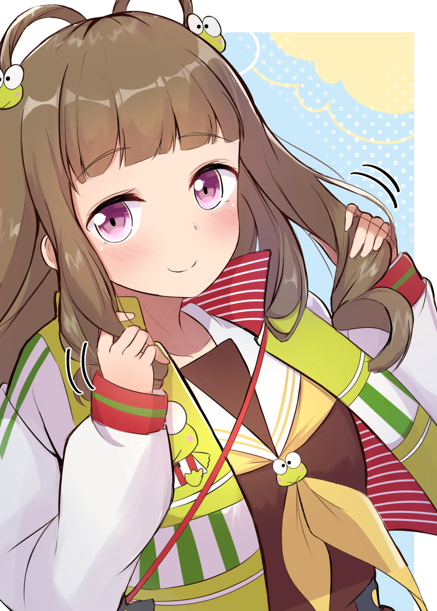1girl blue_background blush border breasts brown_hair character_hair_ornament character_print closed_mouth collarbone commentary_request drill_hair green_jacket hair_ornament hair_rings hasunoue_keroppi highres holding holding_own_hair jacket kachimachi_kosuzu kaudon kero_kero_keroppi link!_like!_love_live! long_hair long_sidelocks long_sleeves looking_at_viewer love_live! medium_breasts official_alternate_costume official_alternate_hairstyle open_clothes open_jacket outside_border pink_eyes puffy_long_sleeves puffy_sleeves sanrio side_drill sidelocks sleeves_past_wrists smile solo split_mouth upper_body virtual_youtuber white_border white_sleeves