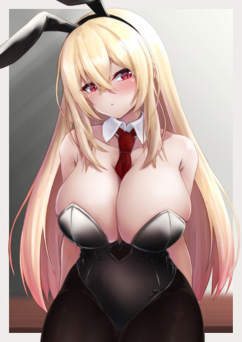 1girl absurdres animal_ear_hairband animal_ears armpit_crease arms_behind_back between_breasts black_hairband black_leotard black_pantyhose blush border breasts cleavage commentary cowboy_shot crossed_bangs detached_collar double-parted_bangs fake_animal_ears grey_background hair_between_eyes hairband highres large_breasts leotard long_hair looking_at_viewer necktie necktie_between_breasts original outside_border pantyhose parted_lips playboy_bunny rabbit_ear_hairband rabbit_ears red_eyes red_necktie solo strapless strapless_leotard symbol-only_commentary tanu_(ace_ikachan) textless_version white_border