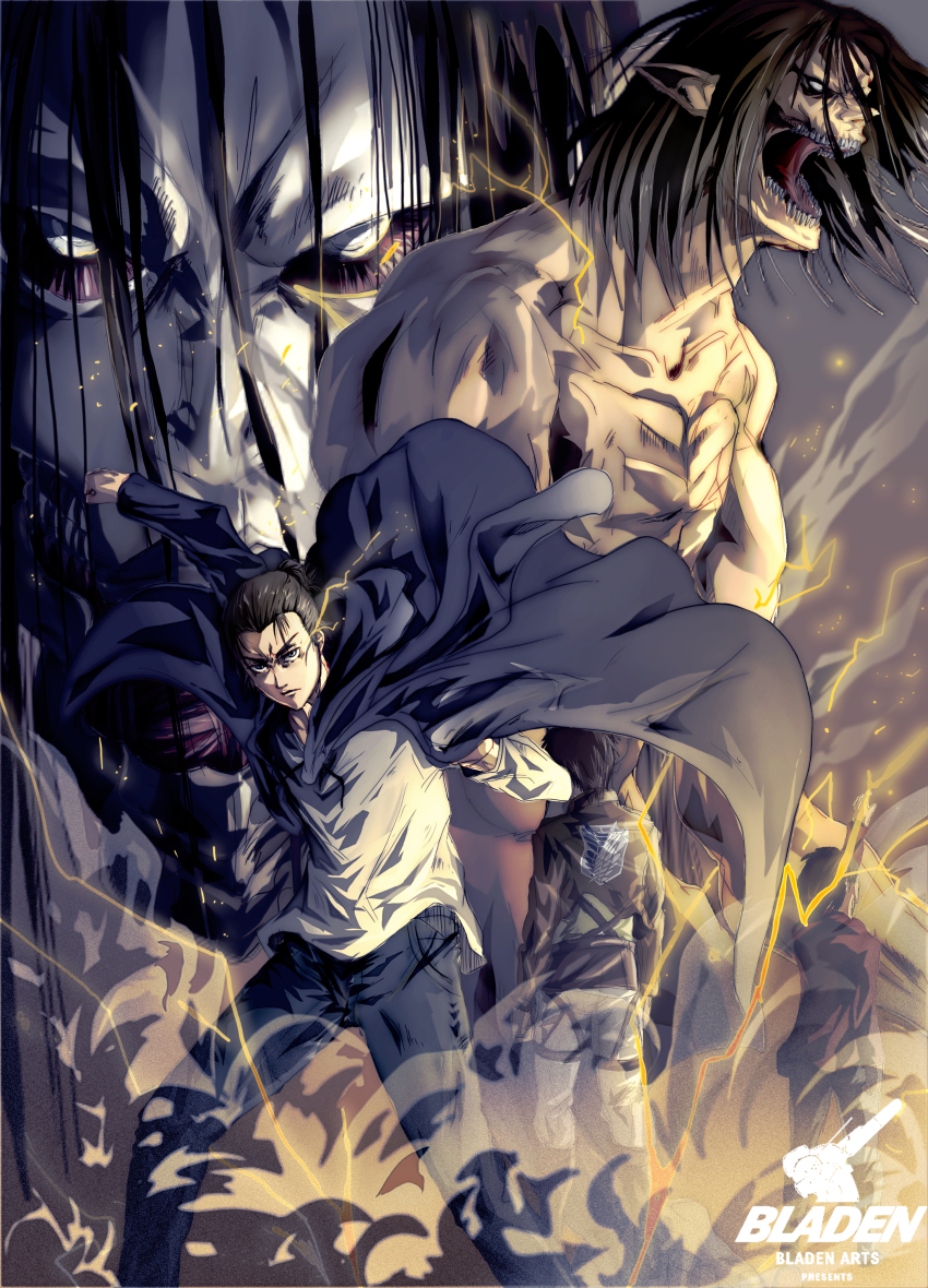 1boy absurdres aged_down black_hair bladen_art commentary electricity emblem empty_eyes english_commentary eren_yeager founding_titan highres jacket long_sleeves looking_at_viewer male_focus monster muscular night open_mouth paradis_military_uniform pointy_ears rogue_titan shingeki_no_kyojin shirt short_hair steam teeth titan_(shingeki_no_kyojin) white_shirt wind wind_lift