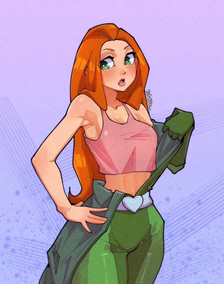 1girl belt blush bodysuit commentary cowboy_shot crop_top gradient_background green_bodysuit green_eyes highres long_hair open_mouth pink_tank_top purple_background sam_(totally_spies) solo tank_top totally_spies yutakke