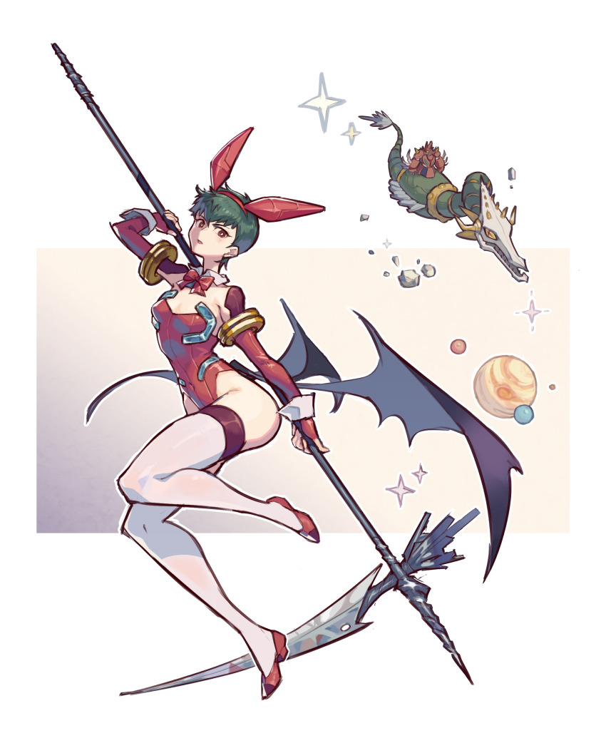 1girl absurdres alternate_costume animal_ear_hairband animal_ears armlet bat_wings breasts cameo cleavage cosplay demon_wings detached_collar elbow_gloves fake_animal_ears full_body genderswap genderswap_(mtf) getter_robo gloves gold_armlet gou_saotome green_hair hairband hanahiyo_(hoimin) highleg highleg_leotard highres holding holding_scythe jewelry jupiter_(planet) leotard looking_at_viewer low_wings mecha non-humanoid_robot nontraditional_playboy_bunny parted_lips planet rabbit_ears red_gloves red_leotard red_shoes robot robot_dragon scythe shin_dragon shin_getter-1 shin_getter-1_(cosplay) shoes short_hair small_breasts solo strapless strapless_leotard super_robot thighhighs two-handed white_thighhighs wings
