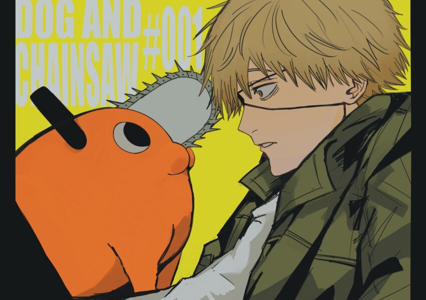 1boy blonde_hair chainsaw_man commentary denji_(chainsaw_man) emzok eyepatch green_jacket highres jacket male_focus pochita_(chainsaw_man) yellow_background