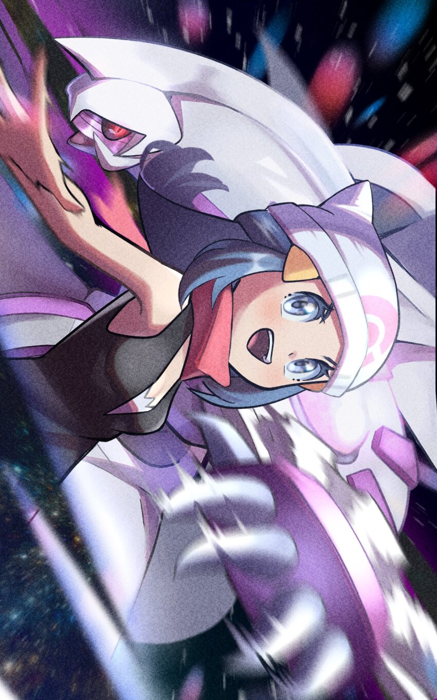 1girl beanie black_dress black_hair black_sclera blue_eyes colored_sclera dawn_(pokemon) dragon dress gen_4_pokemon hat highres inana_umi legendary_pokemon nintendo palkia pokemon pokemon_(creature) pokemon_dppt red_eyes sleeveless sleeveless_dress upper_body white_hat