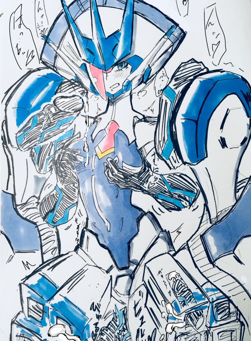 1girl android blue_eyes breasts colored_skin cum cum_on_body darling_in_the_franxx delphinium_(darling_in_the_franxx) grabbing_own_breast hair_over_one_eye hand_up hat highres mecha medium_breasts one_eye_covered robot sketch solo standing white_skin