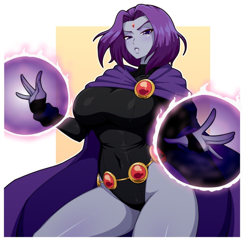 1girl absurdres bare_hips black_leotard blue_cloak breasts cape cloak colored_skin curvy dc_comics forehead_jewel grey_skin highres large_breasts leotard looking_at_viewer purple_eyes purple_hair raven_(dc) simmsy sleeved_leotard solo teen_titans thick_thighs thighs