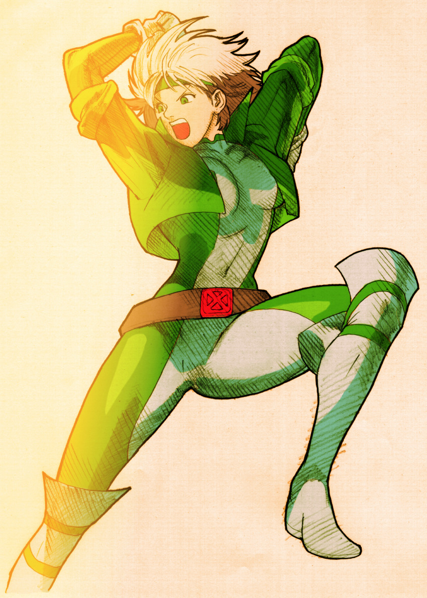angry arms_behind_head belt bengus bodysuit breasts brown_hair capcom colored_bangs game_cg gloves green_bodysuit green_headband headband highres jacket leather leather_jacket leg_up looking_to_the_side loose_belt male_focus marvel marvel_vs._capcom marvel_vs._capcom_2 multicolored_bodysuit multicolored_hair non-web_source open_mouth rogue_(x-men) sidelighting solo superhero_costume teeth two-tone_bodysuit two-tone_hair white_hair x-men yellow_gloves