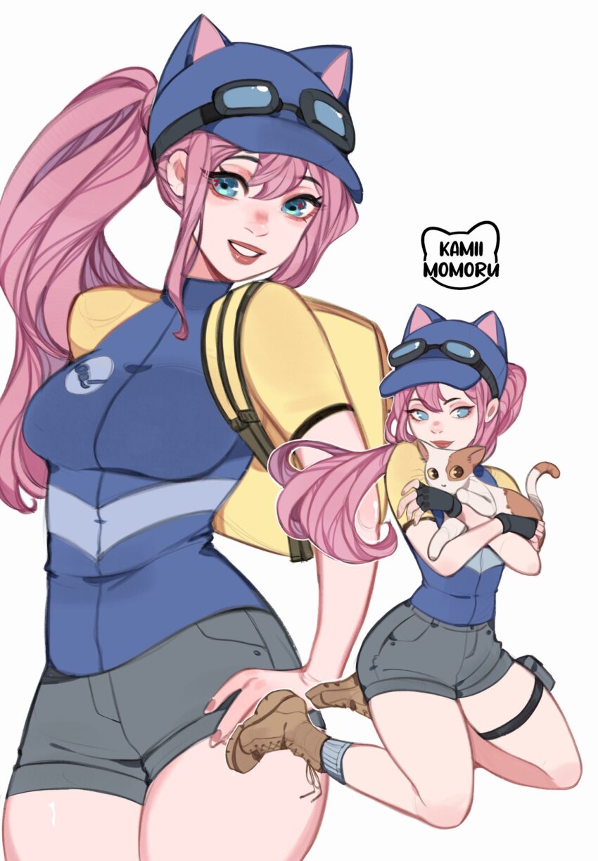 1girl animal animal_ears backpack bag blue_eyes boots breasts carrying cat fake_animal_ears full_body goggles hand_on_own_hip hat kamii_momoru kneeling lips medium_breasts nails pink_hair ponytail shirt shorts smile socks steam_(platform) steam_delivery_girl t-shirt thighs white_background