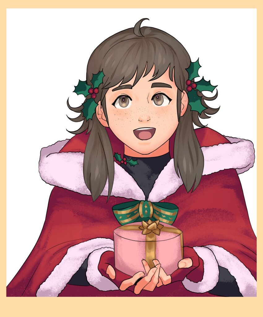 1girl absurdres alternate_costume brown_eyes brown_hair christmas commission fire_emblem fire_emblem_fates gift highres holding holding_gift looking_at_viewer mistletoe_hair_ornament mozu_(fire_emblem) nintendo open_mouth quiu_bagan santa_costume sidelocks solo teeth upper_teeth_only