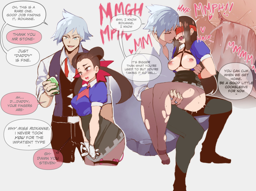 1boy 1girl arms_behind_back bdsm black_pants blindfold blush bondage bound breasts brown_hair brown_pantyhose collared_shirt commentary english_commentary english_text eyelashes feet gag gagged grey_hair hair_rings heart heart-shaped_pupils hetero highres holding implied_fingering jewelry legs long_hair medium_breasts nintendo nipples nyantcha open_mouth pants pantyhose penis pokemon pokemon_rse ring roxanne_(pokemon) sex sex_toy shirt shoes short_sleeves sidelocks sitting sitting_on_lap sitting_on_person skirt speech_bubble steven_stone symbol-shaped_pupils tongue torn_clothes torn_legwear twintails uncensored vaginal vest vibrator vibrator_in_thigh_strap vibrator_under_clothes