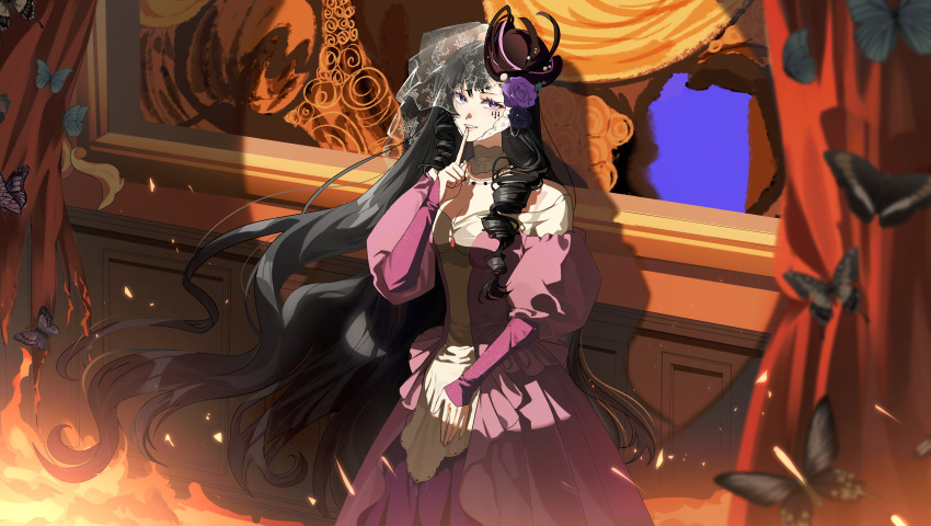 1girl absurdres black_hair black_hat breasts bug butterfly cleavage curtains dress finger_to_mouth fire gown grin hand_up hat highres index_finger_raised indoors insect isolde_(reverse:1999) juliet_sleeves long_hair long_sleeves looking_at_viewer medium_breasts painting_(object) puffy_sleeves purple_dress purple_eyes reverse:1999 see-through_clothes see-through_veil smile solo spotlight stage_curtains upper_body veil very_long_hair yeobuk