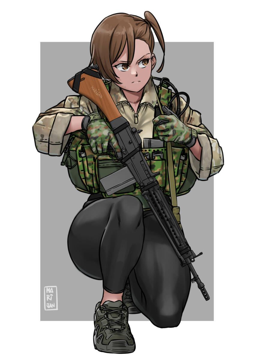 1girl artist_logo artist_name battle_rifle body_armor boots brown_eyes brown_hair cable camouflaged_gloves collarbone gate_-_jieitai_ka_no_chi_nite_kaku_tatakaeri gloves gun gun_sling hair_over_one_eye highres holding holding_gun holding_rifle holding_weapon jacket japan_ground_self-defense_force japan_self-defense_force knees kuribayashi_shino logo looking_to_the_side magazine_(weapon) mardjan military military_uniform pants radio rifle side_ponytail sleeve_pouch trigger_discipline type_64 weapon wire zipper