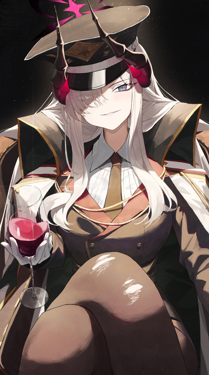 1girl absurdres alcohol black_coat black_hat black_jacket black_necktie blue_archive brown_pantyhose coat commentary_request crossed_legs cup demon_horns dress_shirt drinking_glass grey_hair hair_over_one_eye halo hat highres holding holding_cup horns jacket light_smile long_hair looking_at_viewer makoto_(blue_archive) military_uniform multiple_horns necktie one_eye_covered pantyhose peaked_cap re_naya shirt sitting solo white_shirt wine wine_glass
