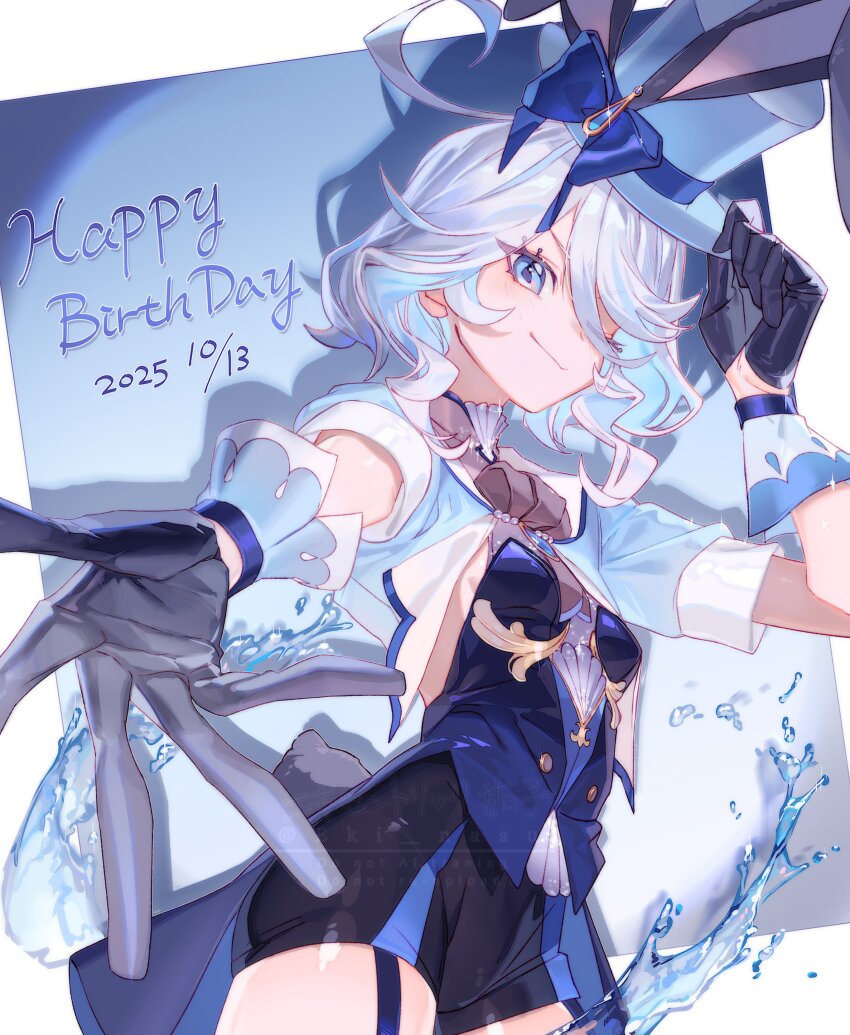 1girl absurdres alternate_costume black_shorts blue_eyes blue_hair blue_hat bow breasts commentary_request cowboy_shot cowlick dated eki_nasu furina_(genshin_impact) genshin_impact gloves grey_gloves happy_birthday hat hat_bow highres multicolored_hair short_shorts shorts small_breasts smile solo streaked_hair top_hat two-tone_hair water watermark white_hair