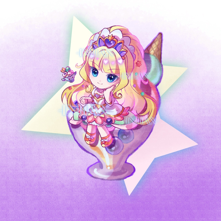 1girl absurdres artist_name blue_eyes blueberry blunt_bangs brooch candy_hair_ornament chibi chinese_commentary clenched_hand closed_mouth collar collared_dress commentary_request cure_finale delicious_party_precure detached_collar dress food food-themed_clothes food-themed_creature food-themed_hair_ornament food_print frilled_dress frilled_footwear frills fruit fruit_print gradient_background hair_ornament hairband hand_on_own_cheek hand_on_own_face happy hat_ornament heart heart_brooch heart_hat_ornament highres ice_cream_cone inhan jewelry kasai_amane long_hair looking_at_viewer magical_girl medium_dress on_food orange_shoes outline parfait parfait_recipipi precure puffy_short_sleeves puffy_sleeves purple_background purple_brooch purple_outline purple_sleeves purple_tiara shoes short_sleeves sitting smile star_(symbol) strawberry_print tiara tsurime very_long_hair watermark white_collar white_dress white_hairband
