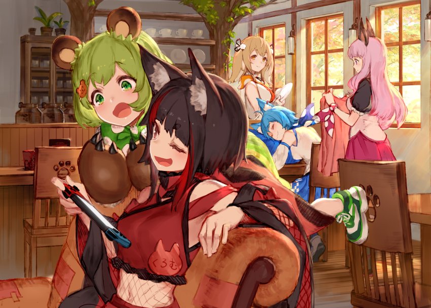 5girls :3 :d absurdres animal_ear_fluff animal_ears animal_hands animare armchair bare_shoulders bat_ears bear_ears bear_hair_ornament black_hair blanket blonde_hair brown_eyes chair closed_eyes commentary_request covering_with_blanket cup cutlery detached_sleeves dog_ears fox_ears gloves green_eyes green_hair hair_ornament hairclip haneru_channel highres hinokuma_ran holding inaba_haneru_(animare) inari_kuromu indoors izumi_sai japanese_clothes kimono long_hair long_sleeves multicolored_hair multiple_girls nanashi_inc. nintendo_switch one_eye_closed open_mouth paw_gloves paw_print pink_hair plant plate potted_plant puffy_short_sleeves puffy_sleeves rabbit_ears red_eyes red_kimono red_skirt sailor_collar saliva shoes short_sleeves sitting skirt sleeping smile smug sneakers souya_ichika souya_ichika_(1st_costume) streaked_hair teacup thick_eyebrows tray umori_hinako vest virtual_youtuber white_vest window
