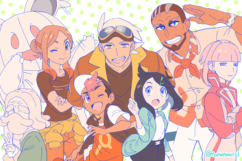 1other 3girls 4boys :d :o ;) ;d beard blunt_bangs brown_hair brown_shirt buttons closed_mouth commentary_request dark-skinned_male dark_skin eyelashes facial_hair friede_(pokemon) grin hair_ornament hairclip hand_up highres liko_(pokemon) ludlow_(pokemon) mardock_(pokemon) mascot_costume mollie_(pokemon) motion_lines multiple_boys multiple_girls murdock_(pokemon) nidothing nintendo one_eye_closed open_mouth orla_(pokemon) pants pokemon pokemon_(anime) pokemon_horizons roy_(pokemon) shirt short_hair shorts sidelocks smile teeth thick_eyebrows tomatomi upper_teeth_only v white_shirt