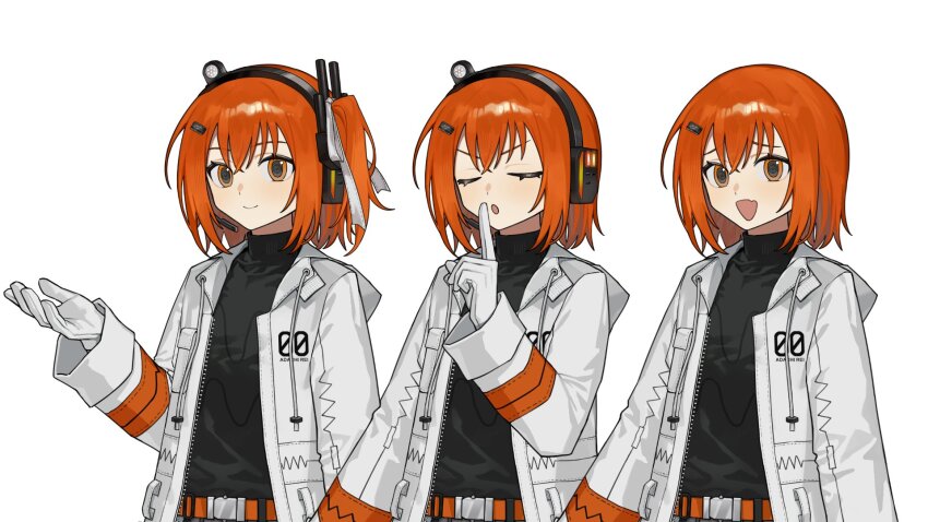 1girl :o a.i._voice adachi_rei arms_at_sides belt black_shirt blush breast_pocket closed_eyes closed_mouth computer_chip finger_to_mouth hair_between_eyes hair_ribbon hand_up headlamp headphones highres index_finger_raised jacket junlin_drake light_blush long_sleeves looking_at_viewer open_clothes open_jacket open_mouth orange_belt orange_eyes orange_hair pocket radio_antenna ribbon shirt shushing side_ponytail simple_background smile transparent_background utau white_jacket white_ribbon zipper