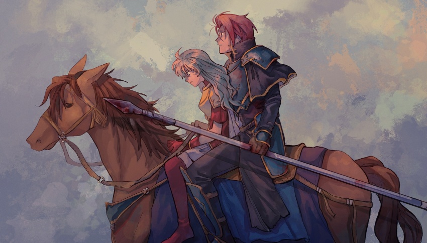 1boy 1girl 79x_(ox79xo) animal armor black_capelet black_pants blue_armor blue_hair boots breastplate brown_gloves capelet closed_mouth eirika_(fire_emblem) fire_emblem fire_emblem:_the_sacred_stones full_body gloves greaves highres holding holding_weapon horse horseback_riding long_hair nintendo pants pauldrons polearm red_boots red_eyes red_gloves red_hair red_shirt riding seth_(fire_emblem) shirt short_hair short_sleeves shoulder_armor sitting spear weapon