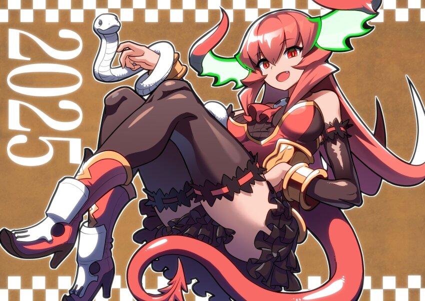 1girl 2025 ascot black_thighhighs boots bracelet breasts brown_background chinese_zodiac demon_girl demon_tail detached_sleeves fang frilled_skirt frills glowing_horns gold_bracelet hair_between_eyes high_heel_boots high_heels highres horns jewelry long_hair maou_beluzel matsuda_yuusuke open_mouth red_eyes red_hair red_tail skirt snake solo tail thighhighs white_snake year_of_the_snake yuusha_to_maou