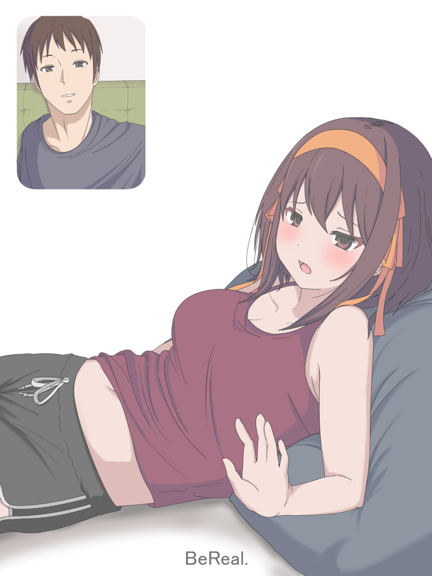 1boy 1girl absurdres bereal black_shorts brown_eyes brown_hair clothes_lift commentary_request hair_ribbon hairband highres kyon loungewear lying midriff on_back orange_hairband orange_ribbon pillow rai_iceblast red_tank_top ribbon shirt_lift short_hair shorts simple_background sleeveless solo_focus suzumiya_haruhi suzumiya_haruhi_no_yuuutsu tank_top video_call white_background