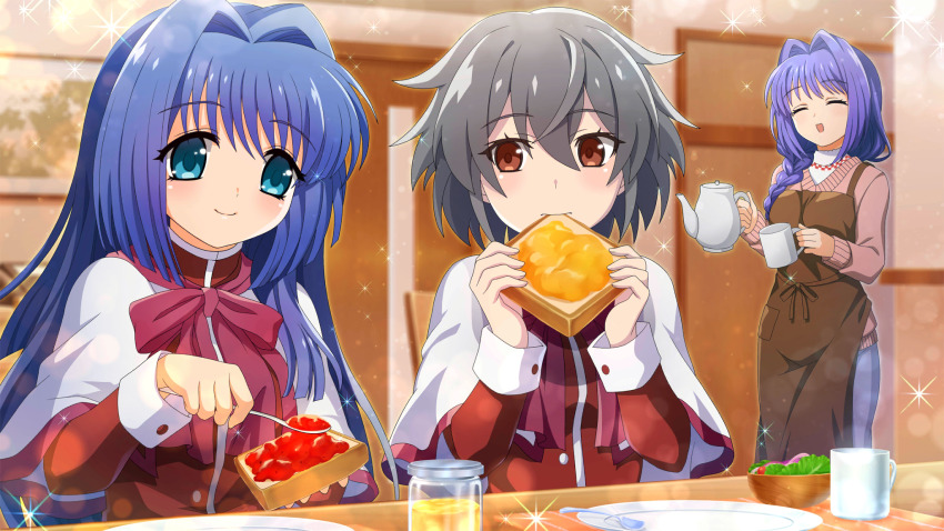 3girls :d ^_^ apron aqua_eyes blue_hair blue_pants bread bread_slice brown_apron brown_eyes brown_sweater capelet closed_eyes closed_mouth crossed_bangs crossover cup dress eating food food_in_mouth game_cg grey_hair hair_between_eyes hair_intakes highres higurashi_no_naku_koro_ni higurashi_no_naku_koro_ni_mei holding holding_cup holding_food indoors jam kanon kimiyoshi_kazuho lens_flare long_sleeves looking_at_food marmalade minase_akiko minase_nayuki mouth_hold mug multiple_girls neck_ribbon non-web_source official_art open_mouth pants red_dress red_ribbon ribbon salad school_uniform short_hair sitting smile sparkle standing strawberry_jam sweater table toast toast_in_mouth white_capelet