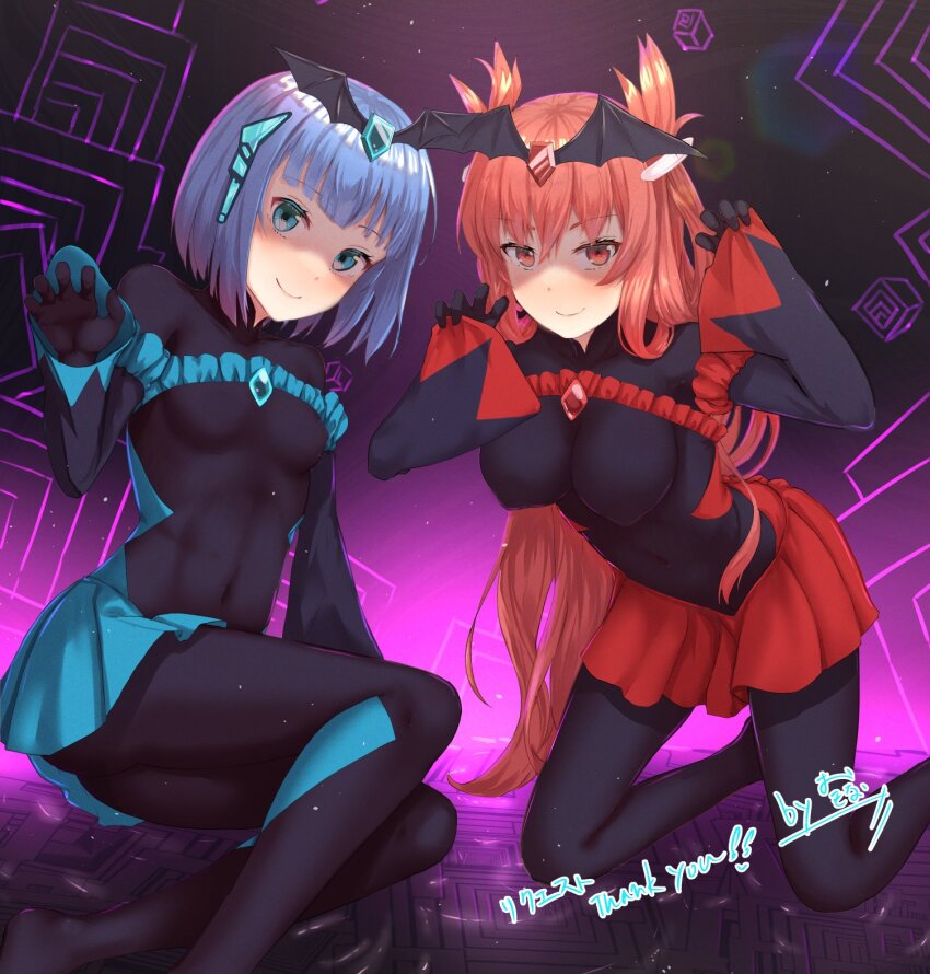 2girls arya_nadi bad_end_beauty bad_end_beauty_(cosplay) bad_end_precure bad_end_precure_(cosplay) bad_end_sunny bad_end_sunny_(cosplay) black_bodysuit blue_eyes blue_hair bodysuit breasts chest_jewel commission cosplay covered_navel highres jishoochihei_sensen_aditiya long_hair looking_at_viewer medium_breasts mithra_(dies_irae) multiple_girls okina_(805197) precure red_eyes red_hair shinza_bansho_series short_hair skeb_commission skirt small_breasts smile_precure! very_long_hair