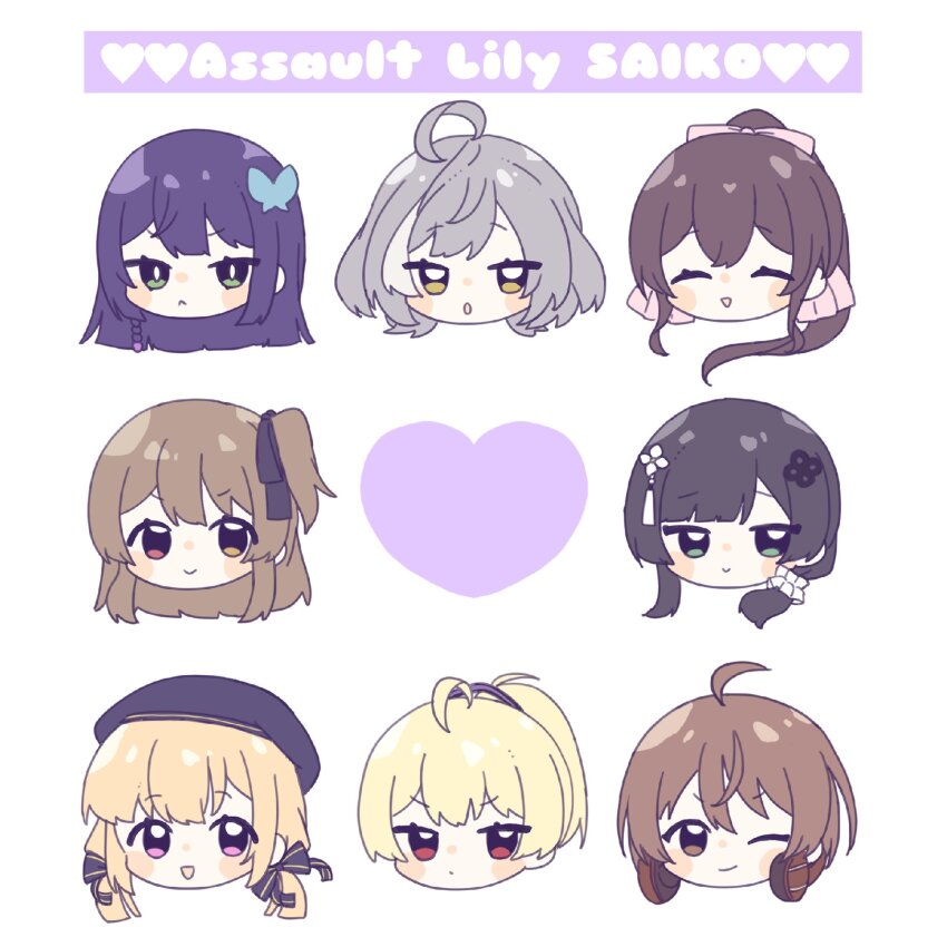 6+girls :&lt; :d ;) ^_^ ahoge andou_tazusa assault_lily beret black_hair black_hat black_ribbon blonde_hair blush bow braid bright_pupils brown_eyes brown_hair butterfly_hair_ornament chibi closed_eyes closed_mouth commentary_request copyright_name facing_viewer flower flower_knot funada_kiito green_eyes grey_hair hair_bow hair_flower hair_ornament hair_ribbon hair_scrunchie hat head_only headphones heart heterochromia high_ponytail highres kawamura_yuzuriha kuo_shenlin long_hair looking_at_viewer low_twintails multicolored_hair multiple_girls one_eye_closed one_side_up open_mouth parted_lips pink_bow pink_eyes ponytail purple_hair red_eyes ribbon sasaki_ran scrunchie serizawa_chikaru short_hair side_braid simple_background single_braid smile streaked_hair striped_bow striped_ribbon takehisa_nakaba tassel tassel_hair_ornament twintails v-shaped_eyebrows wang_yujia white_background white_flower white_pupils white_scrunchie yellow_eyes yubari_lemon_(lemonlilie)