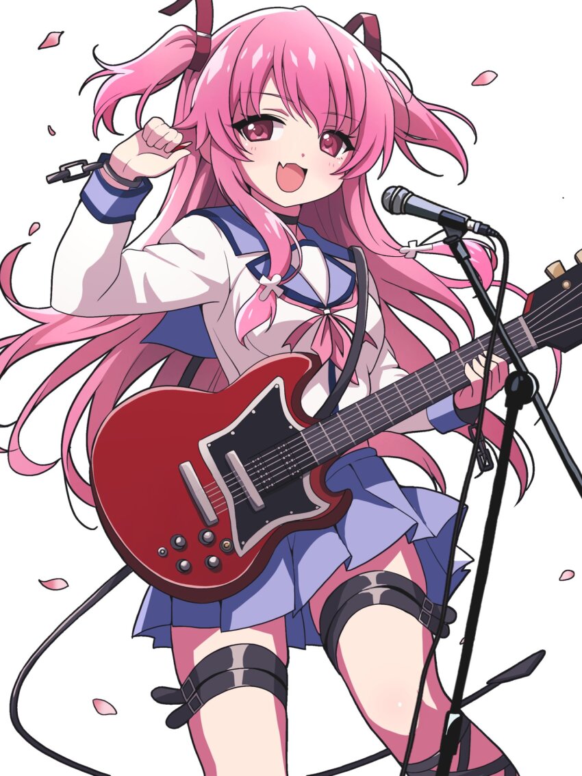 1girl angel_beats! belt black_belt blue_skirt breasts cowboy_shot demon_tail fake_tail fang guitar hair_ribbon highres instrument lapels leg_belt long_hair long_sleeves looking_at_viewer microphone microphone_stand neckerchief niyane open_mouth pink_eyes pink_hair pink_neckerchief pink_petals playing_guitar playing_instrument pleated_skirt red_ribbon ribbon school_uniform shirt simple_background skin_fang skirt small_breasts smile solo standing tail two_side_up white_background white_shirt yui_(angel_beats!)