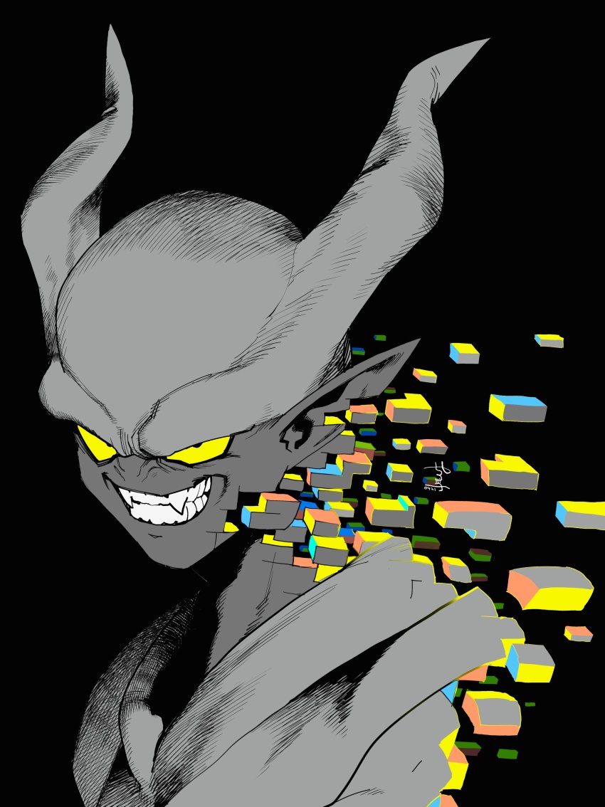absurdres cube demon demon_horns dragon_ball dragonball_z fangs geometric_pattern highres horns janemba manabu_yashiro monochrome pointy_ears rectangle smile yellow_eyes