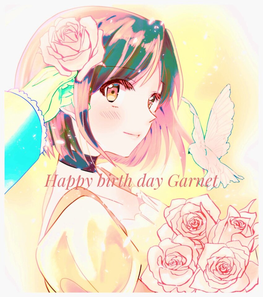 1boy 1girl black_choker black_hair blush bodysuit bouquet brown_eyes canary character_name choker closed_mouth final_fantasy final_fantasy_ix flower garnet_til_alexandros_xvii gloves hair_flower hair_ornament happy_birthday highres hipoko holding holding_bouquet juliet_sleeves light_smile long_sleeves orange_bodysuit puffy_sleeves rose shirt short_hair upper_body white_shirt wrist_cuffs zidane_tribal
