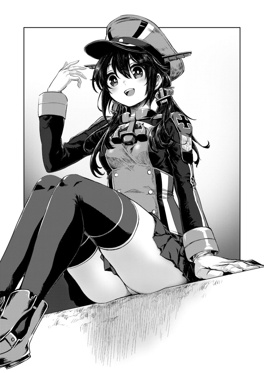 alternate_costume alternate_hairstyle anchor_hair_ornament boots breasts cosplay cross gloves gouta_(nagishiro6624) greyscale hair_flaps hair_ornament hat highres iron_cross jacket kantai_collection long_hair long_sleeves microskirt military military_uniform monochrome panties pantyshot peaked_cap pleated_skirt prinz_eugen_(kancolle) prinz_eugen_(kancolle)_(cosplay) shigure_(kancolle) shigure_kai_ni_(kancolle) sitting skirt small_breasts thighhighs twintails underwear
