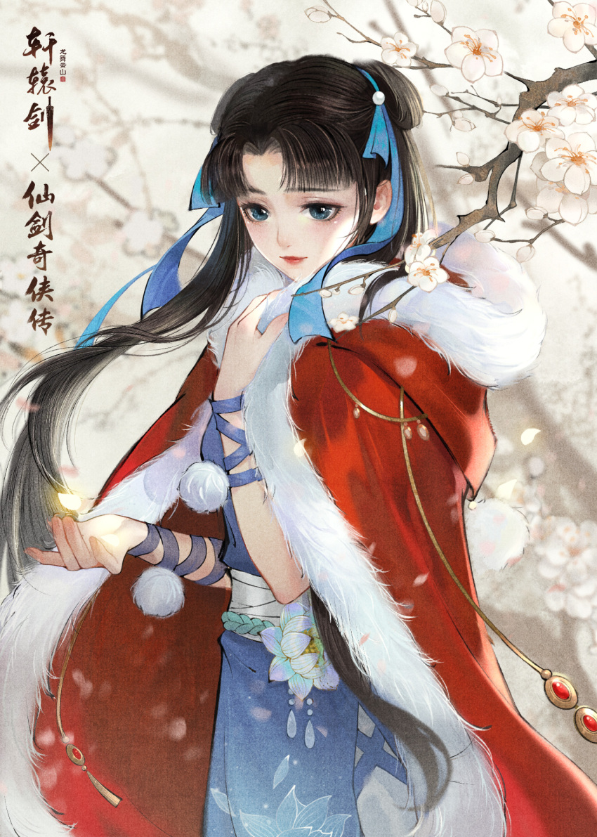 1girl blue_ribbon chinese_clothes cloak flower hair_bun hair_ribbon highres plum_blossoms red_cloak ribbon solo xianjian_qixia_zhuan zhao_linger