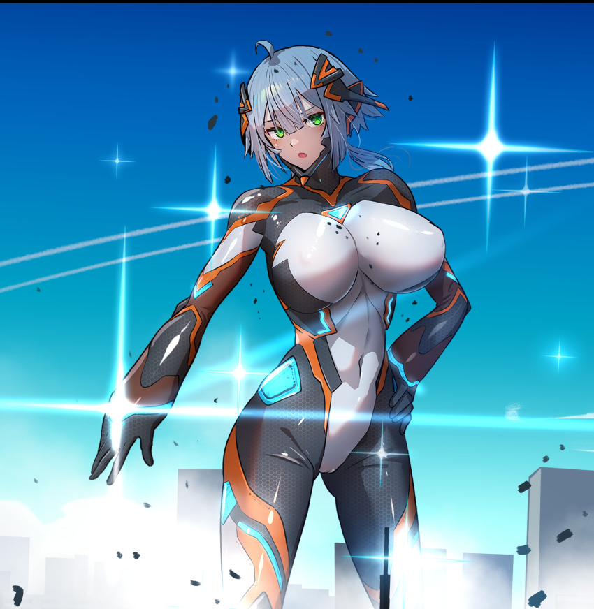 1girl ahoge black_bodysuit blue_hair blue_sky bodysuit breasts building city colossus_(natsukaze_shigure) covered_erect_nipples covered_navel destruction giant giantess green_eyes hair_between_eyes hand_on_own_hip headgear highres impossible_bodysuit impossible_clothes large_breasts looking_at_viewer magical_girl natsukaze_shigure open_mouth original science_fiction short_hair skin_tight sky solo standing