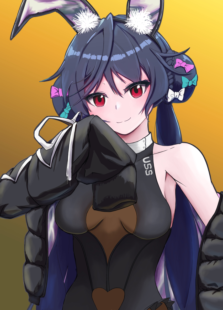 1girl absurdres allen_m._sumner_(azur_lane) allen_m._sumner_(charming_rabbit)_(azur_lane) animal_ears azur_lane black_leotard blue_hair bodystocking braid braided_bun breasts clothing_cutout double_bun fake_animal_ears hair_bun highres jacket leotard long_sleeves looking_at_viewer official_alternate_costume open_clothes open_jacket playboy_bunny pon_niki_ode rabbit_ears red_eyes small_breasts solo underboob_cutout upper_body yellow_background